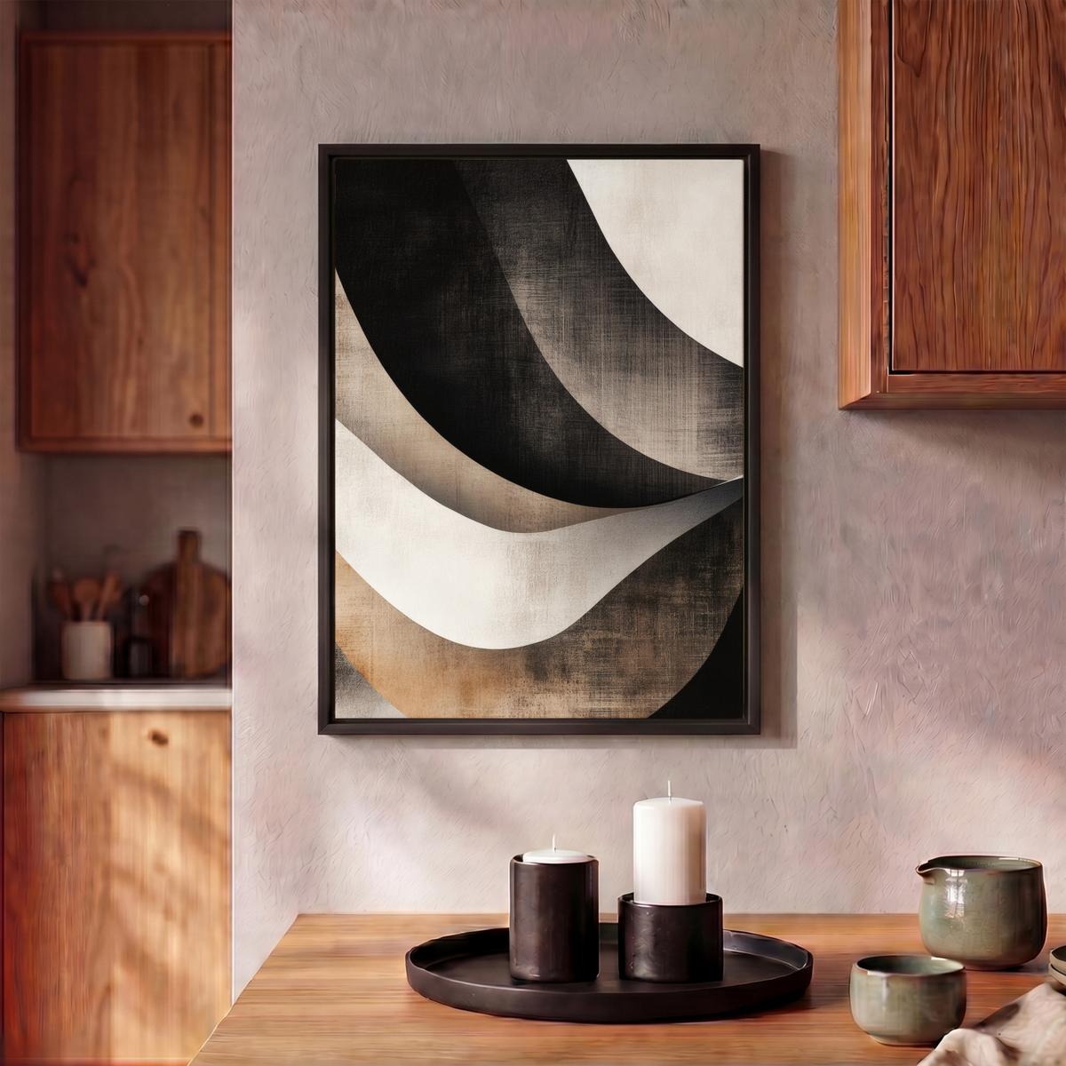 LEINWAND Bilder mit Rahmen - Abstrakt - Wellen - Schwarz - Verwittert - 30x40 - Trüffeleichefarben, Textil (30/40cm) - MuchoWow