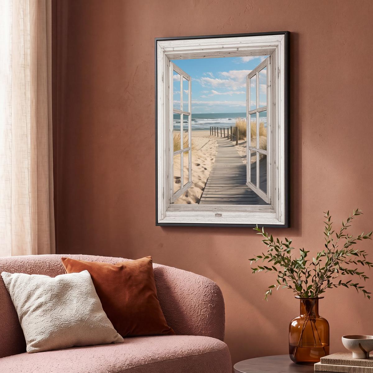 LEINWAND Bilder mit Rahmen - Fenster - Meer - Küste - Natur - Ausblick - Strand - Wattenmeer - 70x100 - Beige, Textil (70/100cm) - MuchoWow