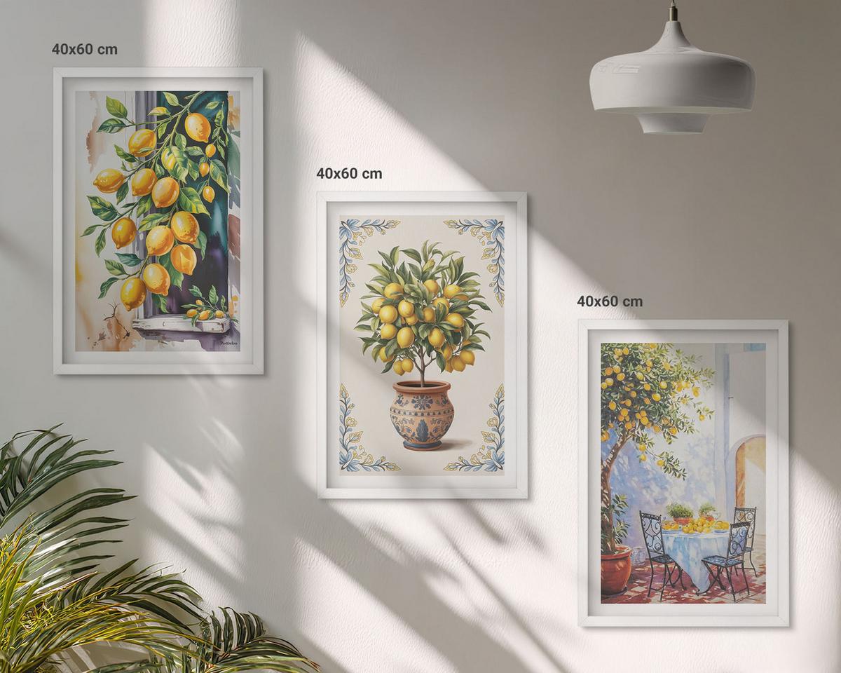 BILDER SET 3er Set - 40x60 cm Weißer Rahmen - Zitronenbäume Früchte Sonne - Weiß, Kunststoff (40/60cm) - TULUP