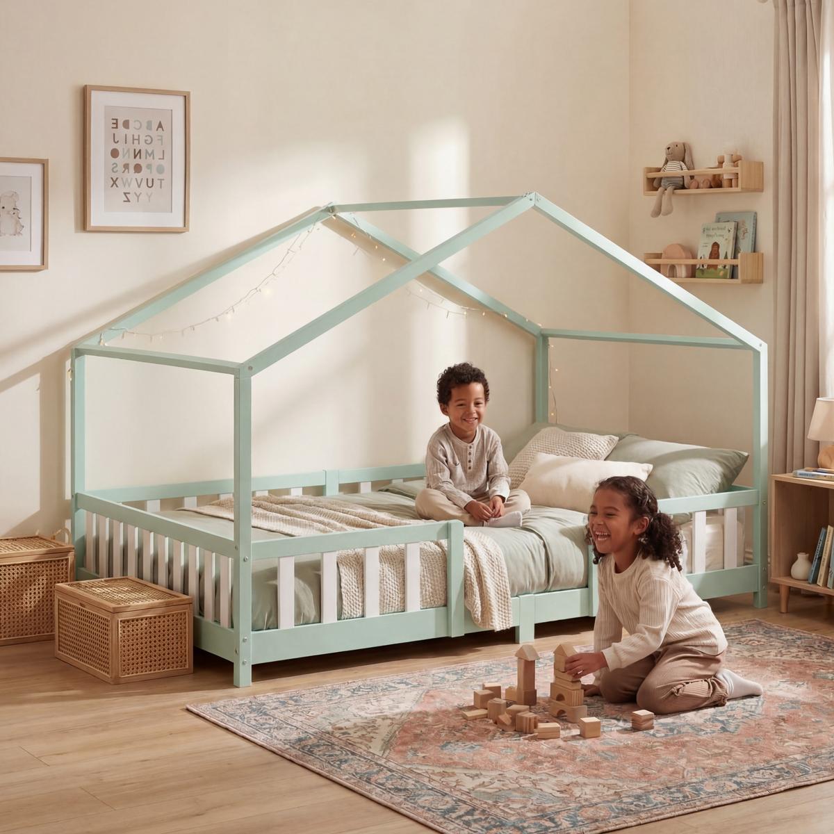 HAUSBETT Treviolo - Weiß/Mintgrün, Holz (120/200cm) - [en.casa]