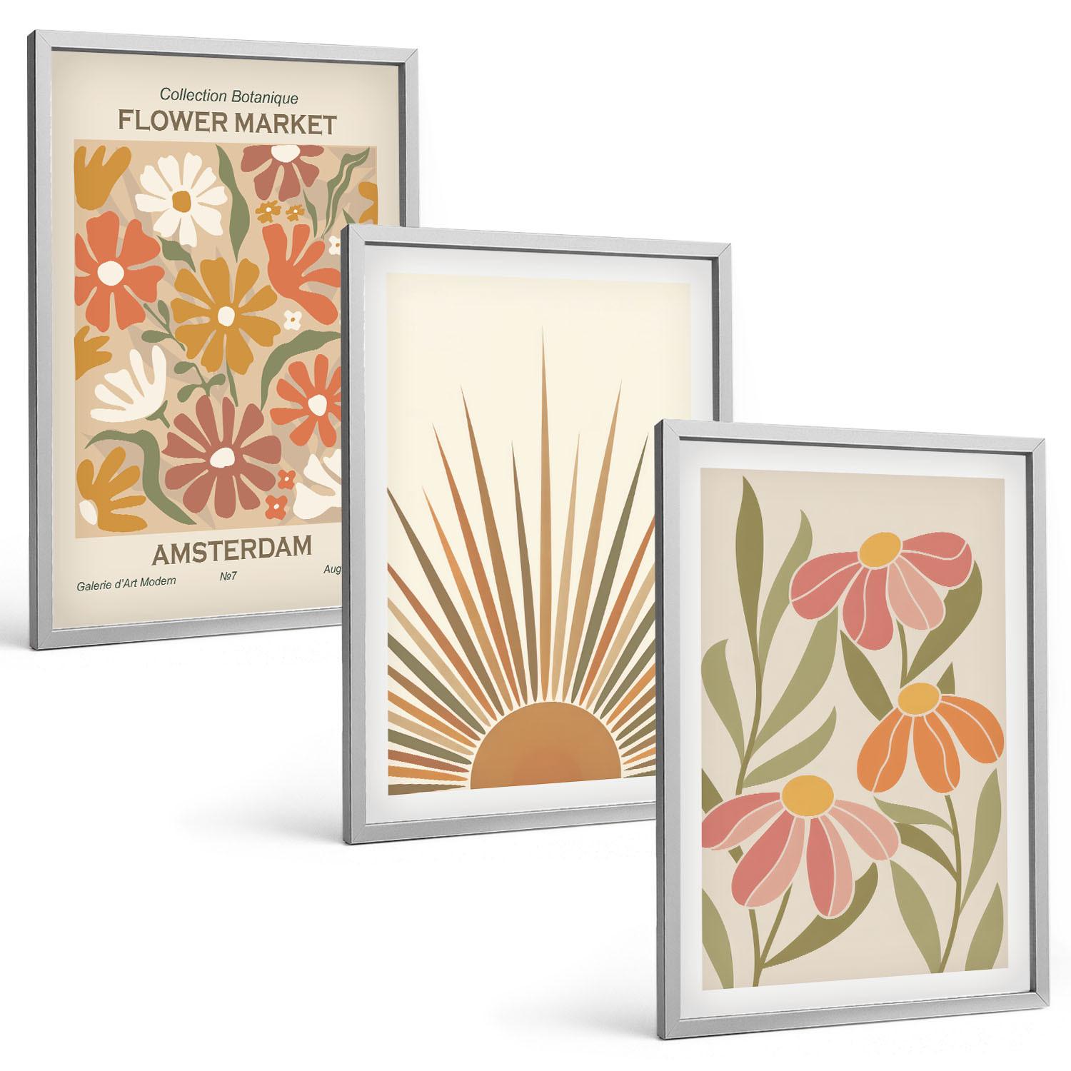 BILDER SET 3er Set - 40x60 cm Silberner Rahmen - Pastellfarbene Sonnenblumen - Silberfarben, Kunststoff (40/60cm) - TULUP