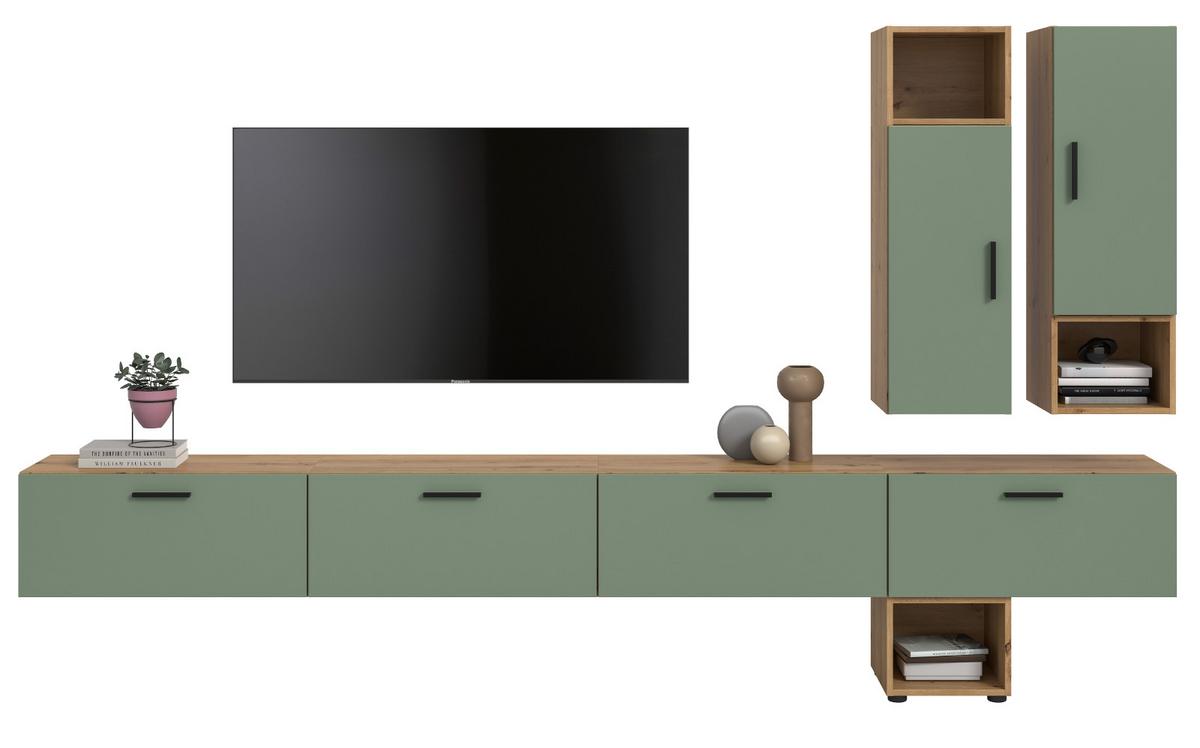 WOHNWAND grün, Eiche Artisan 300 cm, Wohnkombination hängend / stehend - Schwarz/Eiche Artisan, Holzwerkstoff/Kunststoff (300/178/34cm) - Inn.Furn