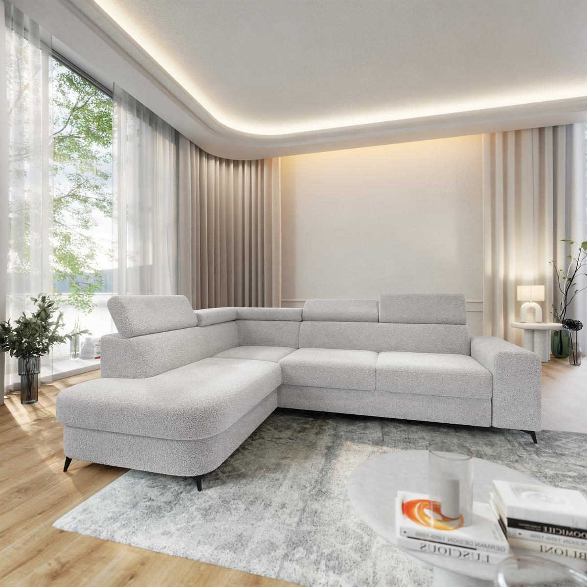 ECKSOFA ALVORO L-S Hellgrau Boucle-Stoff mit Schlaffunktion - Hellgrau, Holz (253/190cm) - MASSENO