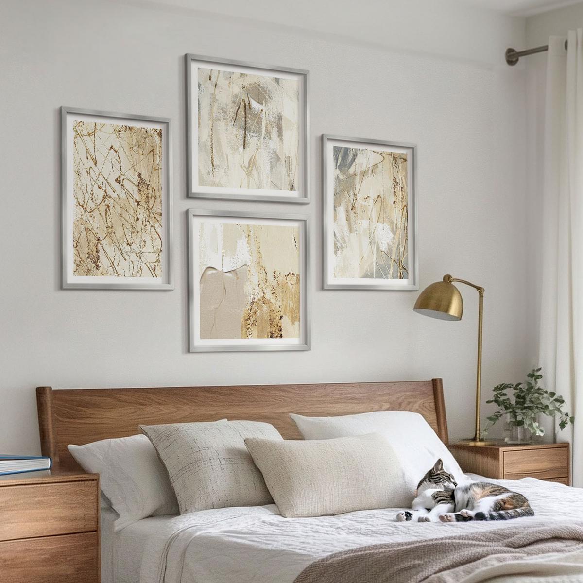 BILDER SET 4er Set - 50x50 cm & 40x60 cm Silberner Rahmen - Beige abstrakte Formen Linien - Silberfarben, Kunststoff (50/50cm) - TULUP