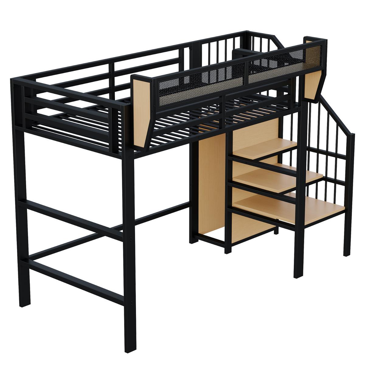 HOCHBETT mit Regalen und Treppe Schwarz - Schwarz, Holzwerkstoff/Metall - Urban Meuble