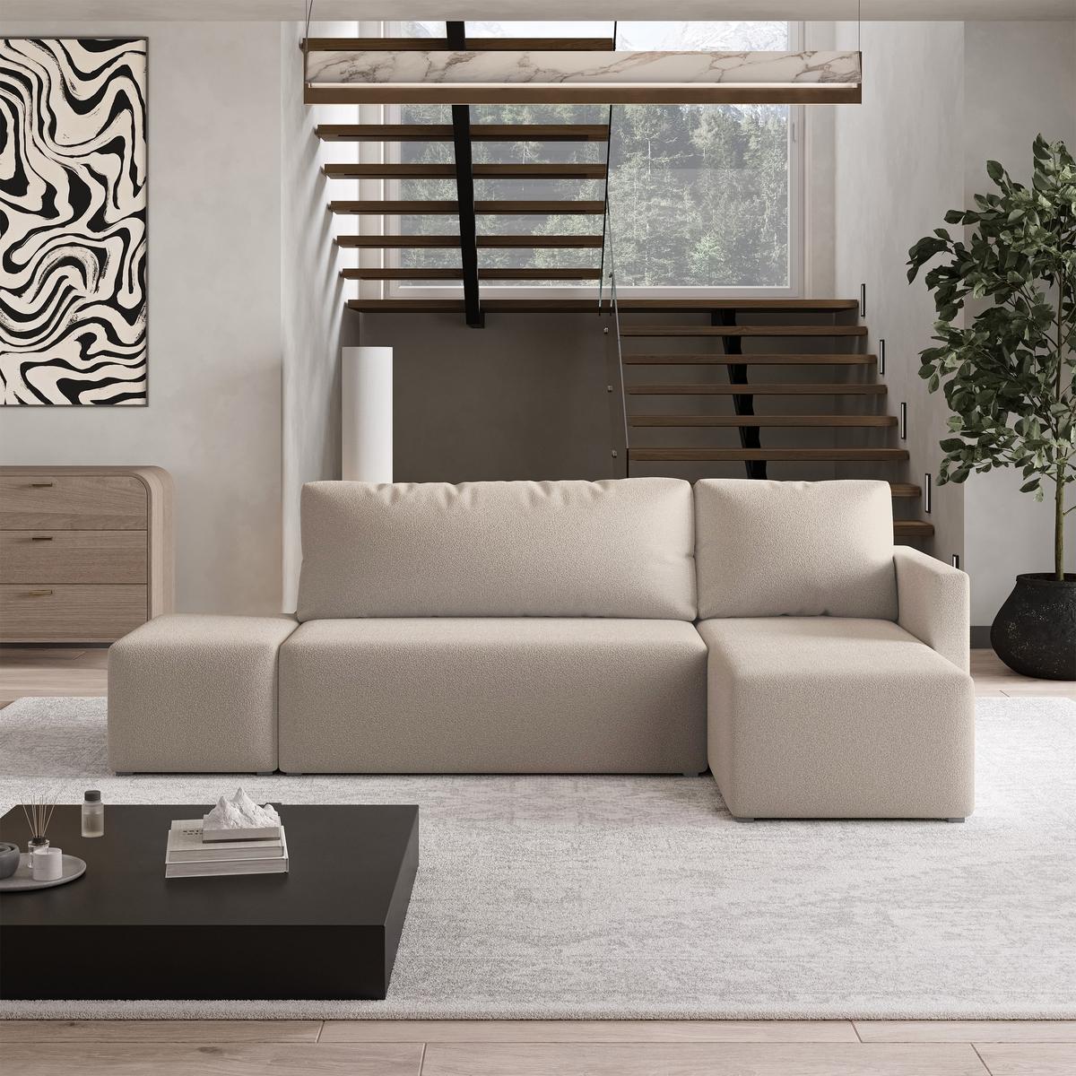 ECKSOFA VELOTTI R-S Beige Boucle-Stoff mit Schlaffunktion - Beige, Holz (261/143cm) - MASSENO