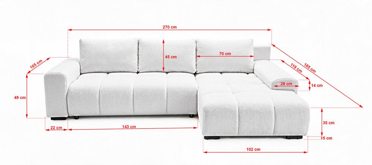 ECKSOFA Ovia mit Bettkasten und Schlaffunktion, Bouclé-Stoff in L-Form - Weiß, Textil (270/185cm)