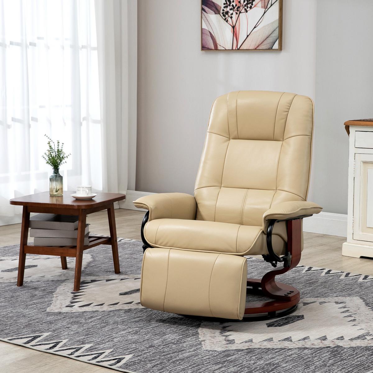 RELAXSESSEL Fernsehsessel mit Liegefunktion, Fußstütze für Wohnzimmer Creme - Creme/Braun, Leder/Holz (87/100/78cm) - HOMCOM