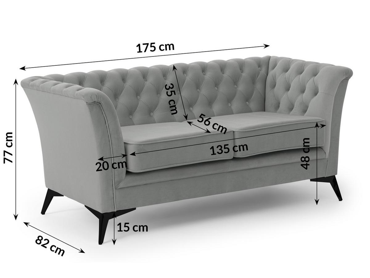 CHESTERFIELD-SOFA 2-sitzer Whitby Grau Samt mit schwarzen Füßen - Schwarz/Grau, Holz/Textil (175/78/82cm) - S-Style Möbel