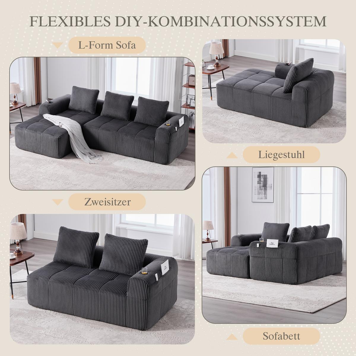 ECKSOFA 3-Sitzer mit Getränkehalter, Seitentaschen & 3 Kissen - Dunkelgrau, Textil (253/158cm) - Urban Meuble
