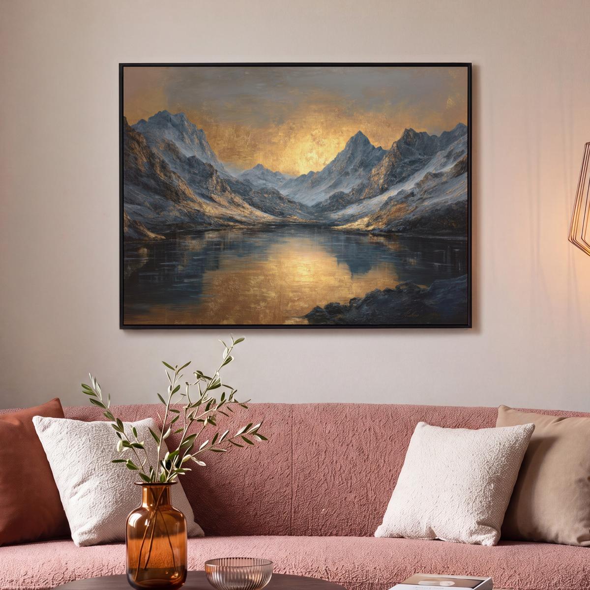 LEINWAND Bilder mit Rahmen - Bergkulisse mit goldenem Sonnenuntergang - 100x70 - Goldfarben, Textil (100/70cm) - MuchoWow
