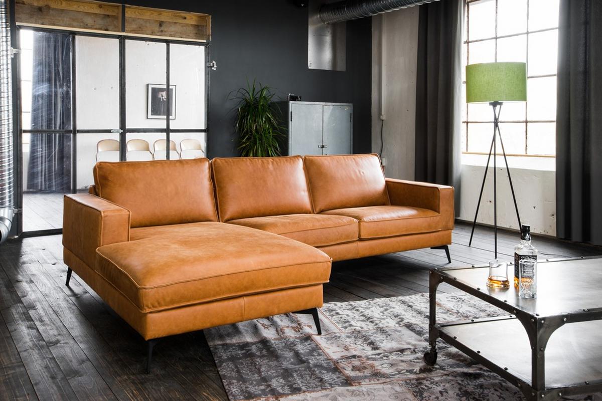 ECKSOFA BLOOM Braun Leder - Schwarz/Braun, Leder/Metall (276/177cm) - KAWOLA