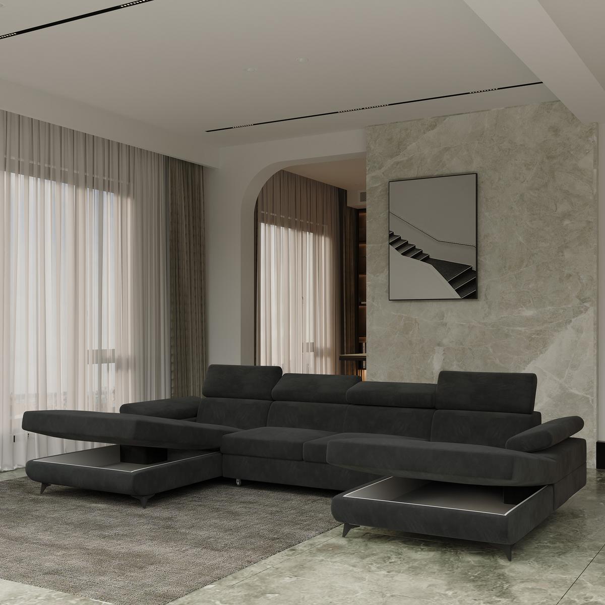 WOHNLANDSCHAFT DETTI Schwarz Velours-Stoff mit Schlaffunktion - Schwarz, Holz (339/89/190cm) - MASSENO