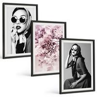 BILDER SET 3er Set - 40x60 cm Schwarzer Rahmen - Stilvolle Porträts von Frauen mit Blumen - Schwarz, Kunststoff (40/60cm) - TULUP