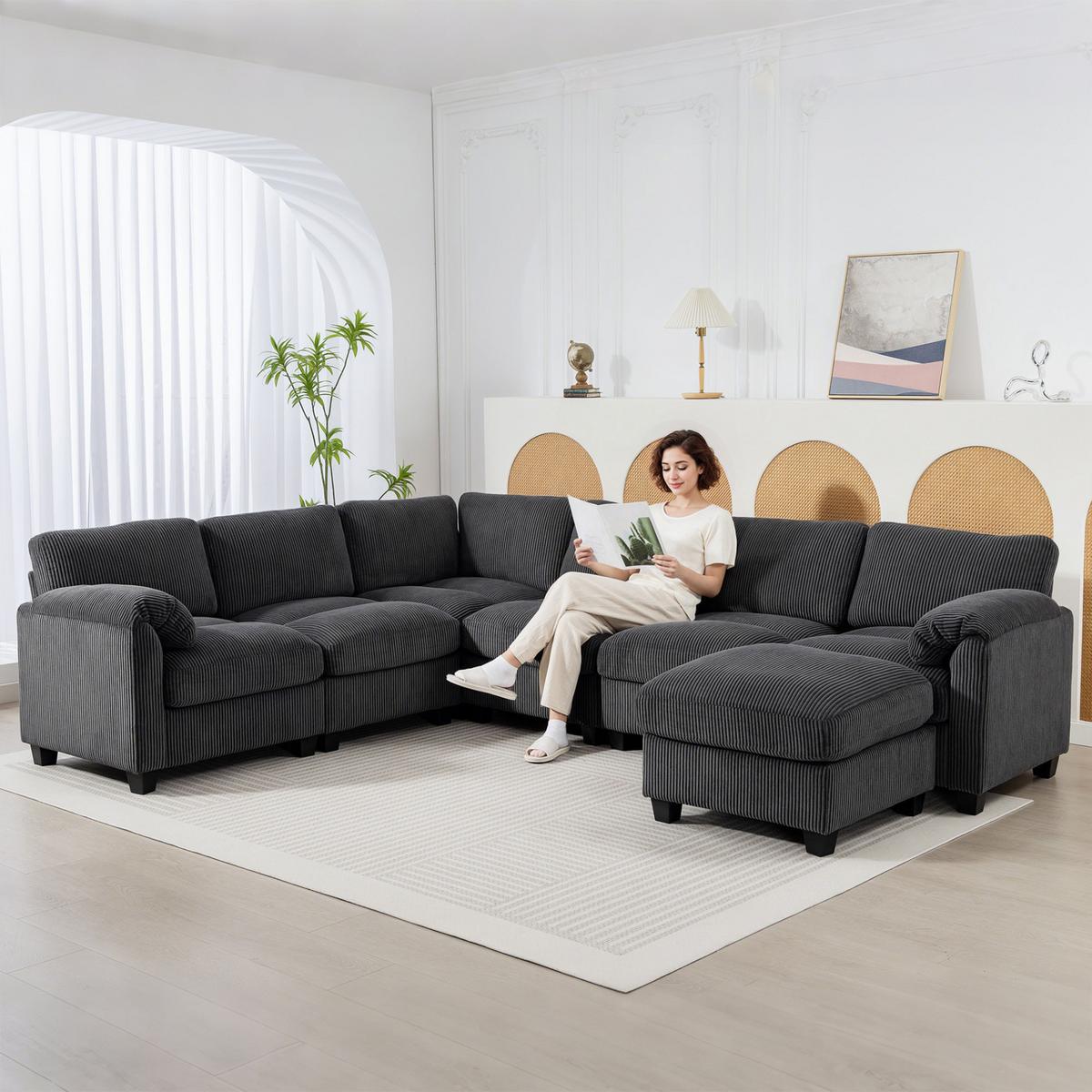 ECKSOFA Polyester Dunkelgrau - Dunkelgrau/Schwarz, Kunststoff/Textil (224/292cm) - HOMCOM