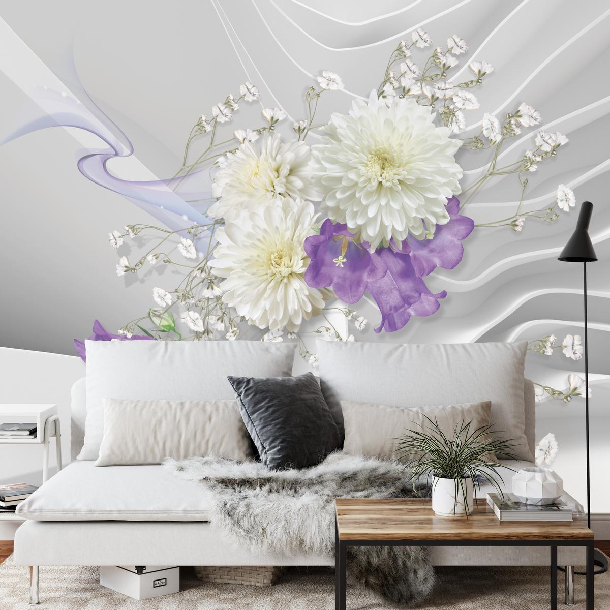 FOTOTAPETE für Wohnzimmer BLUMEN Abstraktes Welliges Raumhintergrund 350x256 - Violett/Weiß, Papier (350/256cm) - Muralo