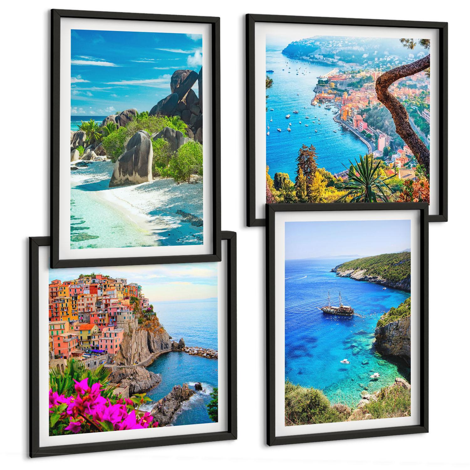 BILDER SET 4er Set - 50x50 cm & 40x60 cm Schwarzer Rahmen - Palmen am Meer, blaues Wasser - Schwarz, Kunststoff (50/50cm) - TULUP