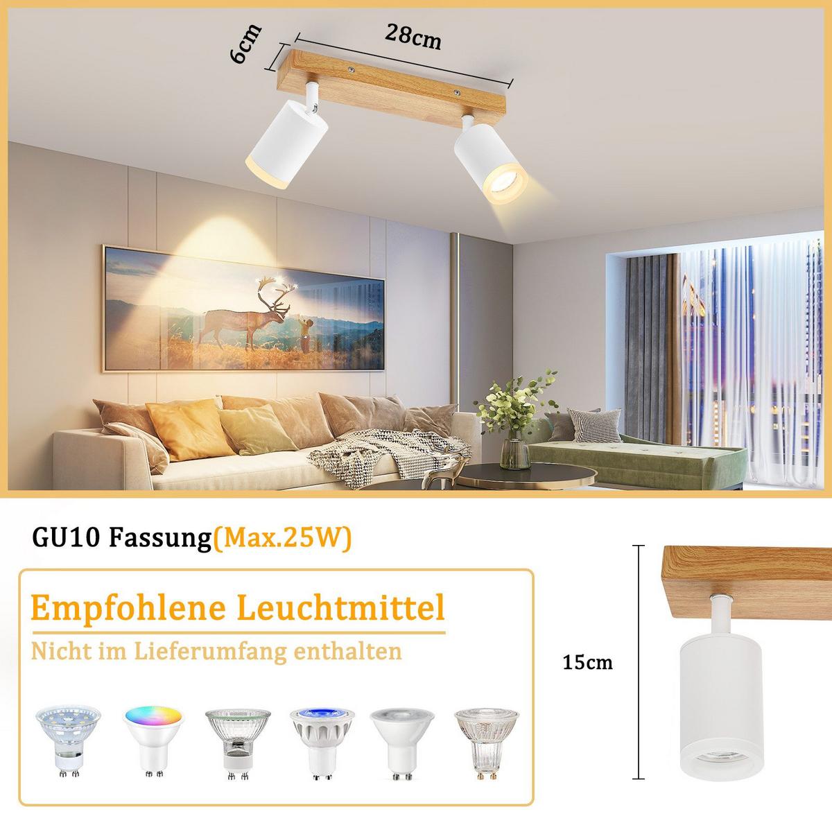 DECKENSTRAHLER Darmstadt 2-flammig 28/6/15 cm - Weiß, Holz (28/6/15cm) - Nettlife
