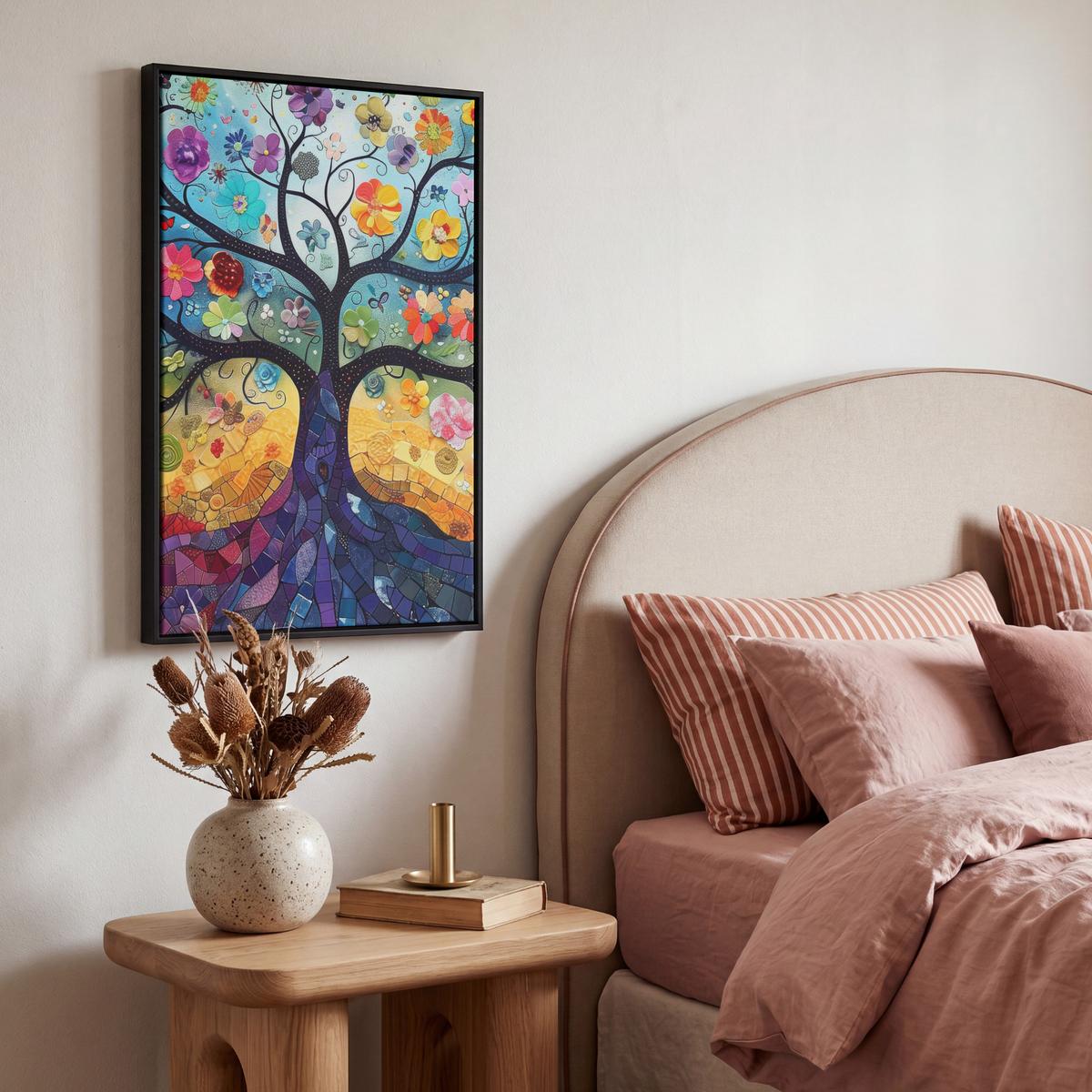 LEINWAND Bilder mit Rahmen - Kunst - Baum des Lebens - Blumen - Hippie - 40x60 - Dunkelblau, Textil (40/60cm) - MuchoWow