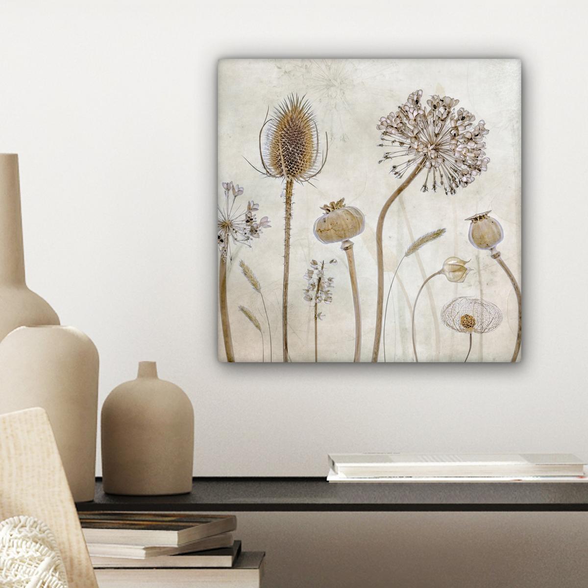 LEINWANDBILD Blumen - Aquarell - Stilleben - Braun - Vintage Deko Wohnzimmer 20x20 cm - Beige, Textil (20/20cm) - MuchoWow