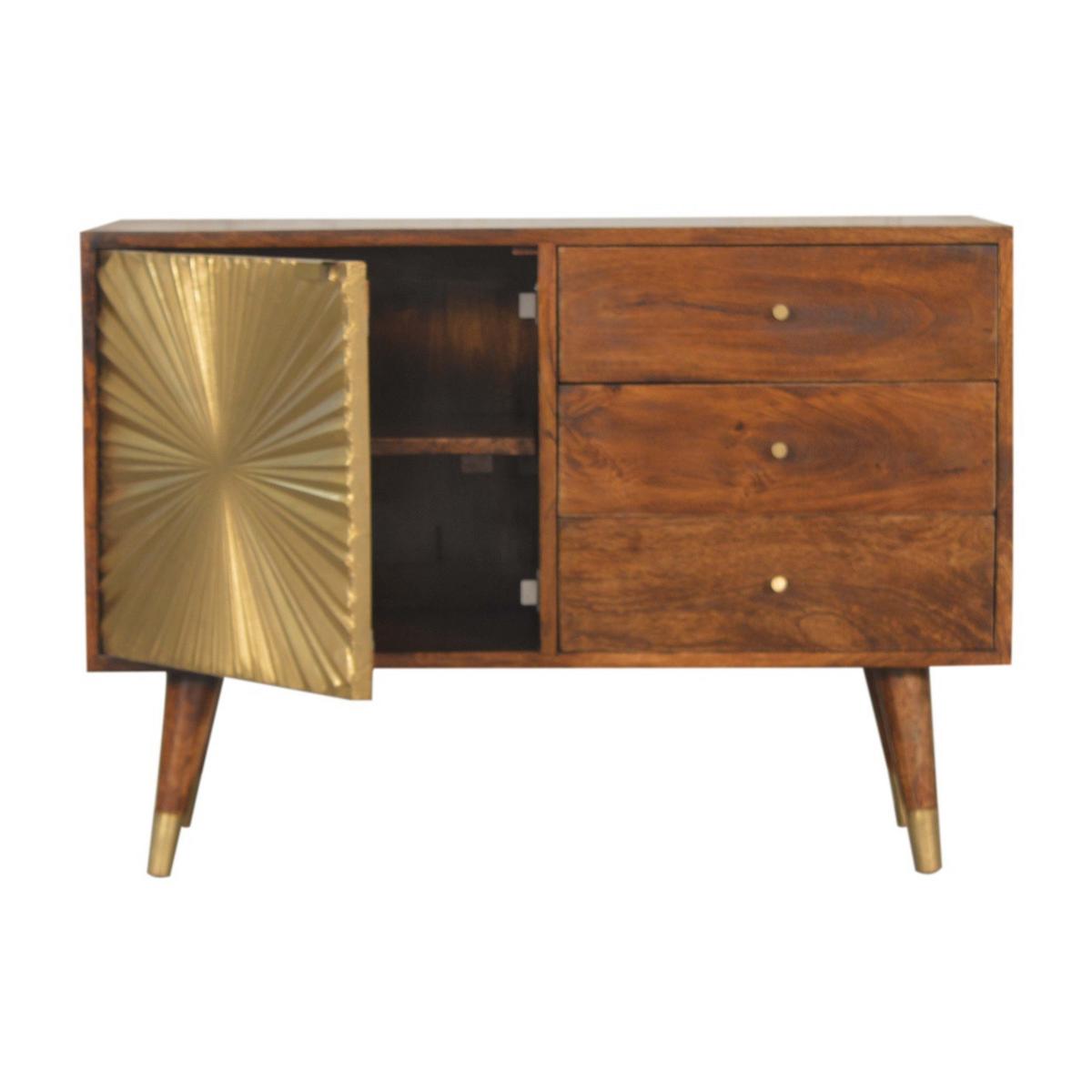 SIDEBOARD Kastanien-Finish, 3 Schubladen, 1 großes Regal, Braun und Gold - Braun, Mangoholz/Holz (35/60/85cm) - Artisan Furniture