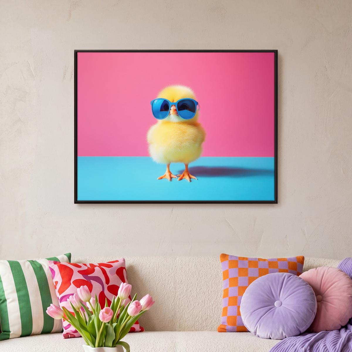 LEINWAND Bilder mit Rahmen - Chick - Sonnenbrille - Blau - 70x50 - Pink, Textil (70/50cm) - MuchoWow