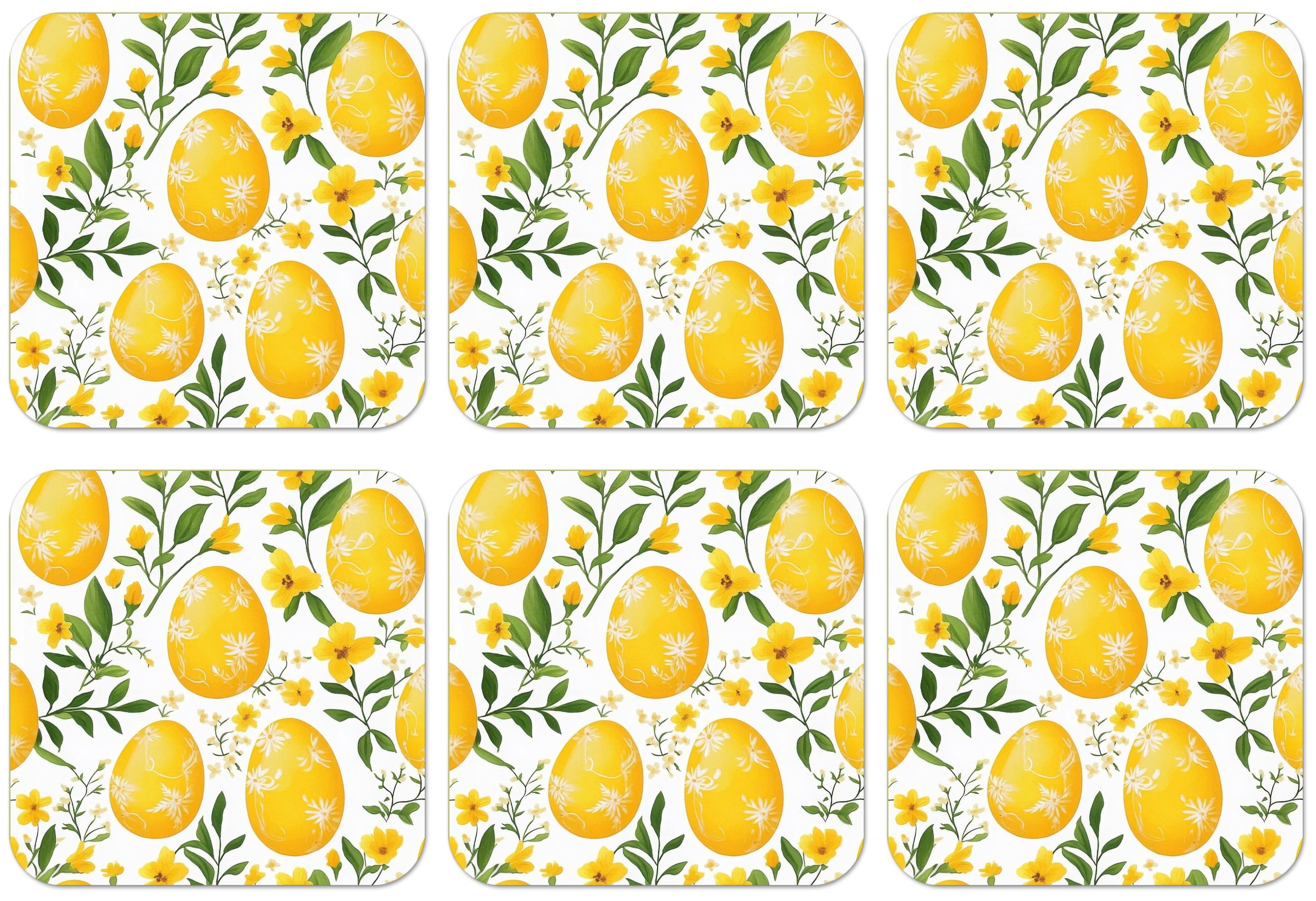GLASUNTERSETZER 6er-Set Blumen - Ostereier - Gelb Tischset für Gläser 10x10 cm - Gelb, Naturmaterialien (10/0.2cm) - MuchoWow