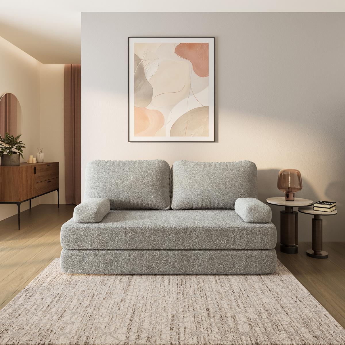 BETTSOFA NIKSI aus Schaumstoff Bucle-Stoff Hellgrau Schlaffunktion - Hellgrau, Textil (170/86/80cm) - MASSENO