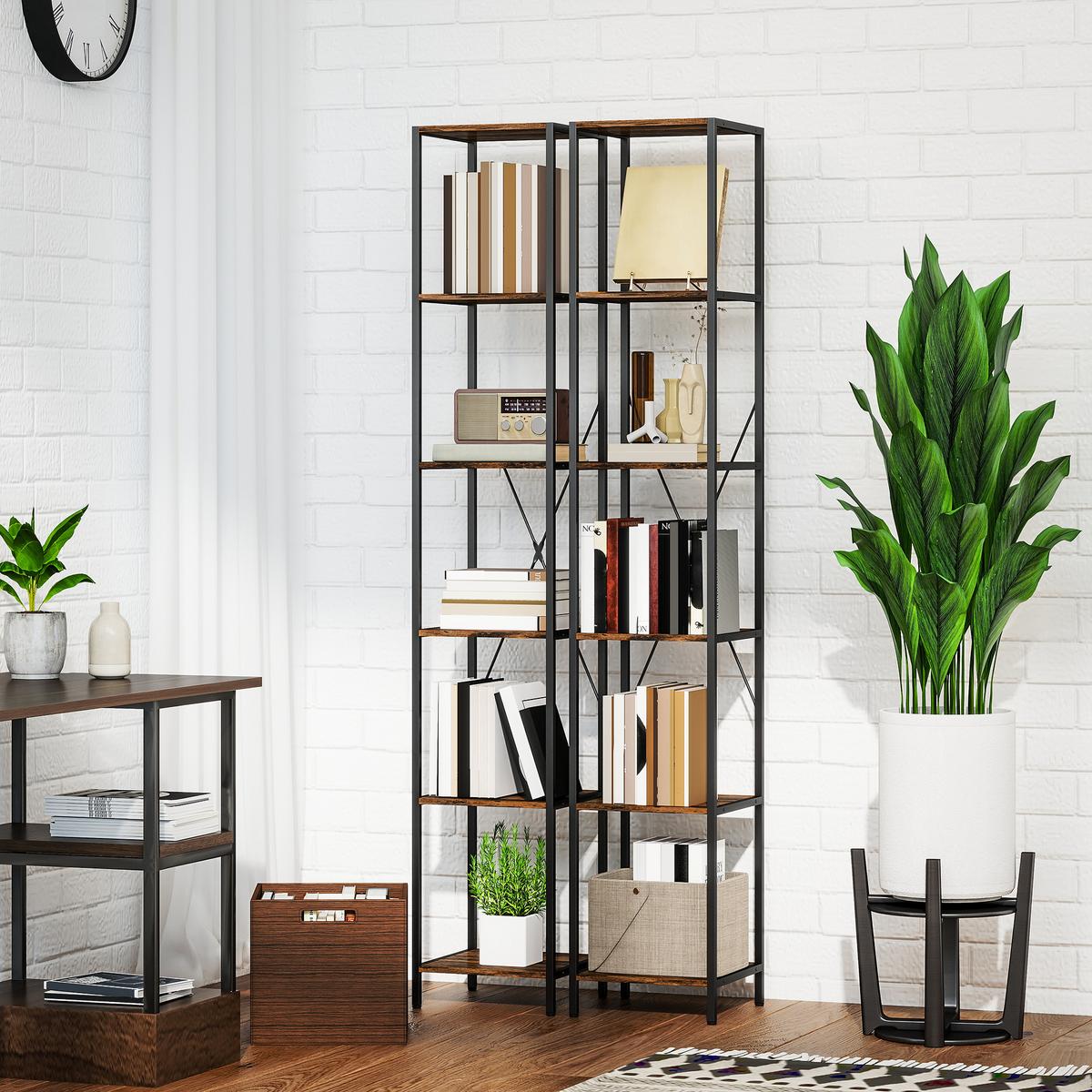 BÜCHERREGAL 2er Set Spanplatte Kohlenstoffstahl Rustikal-Braun - Schwarz/Braun, Holzwerkstoff/Metall (30/174.5/30cm) - HOMCOM
