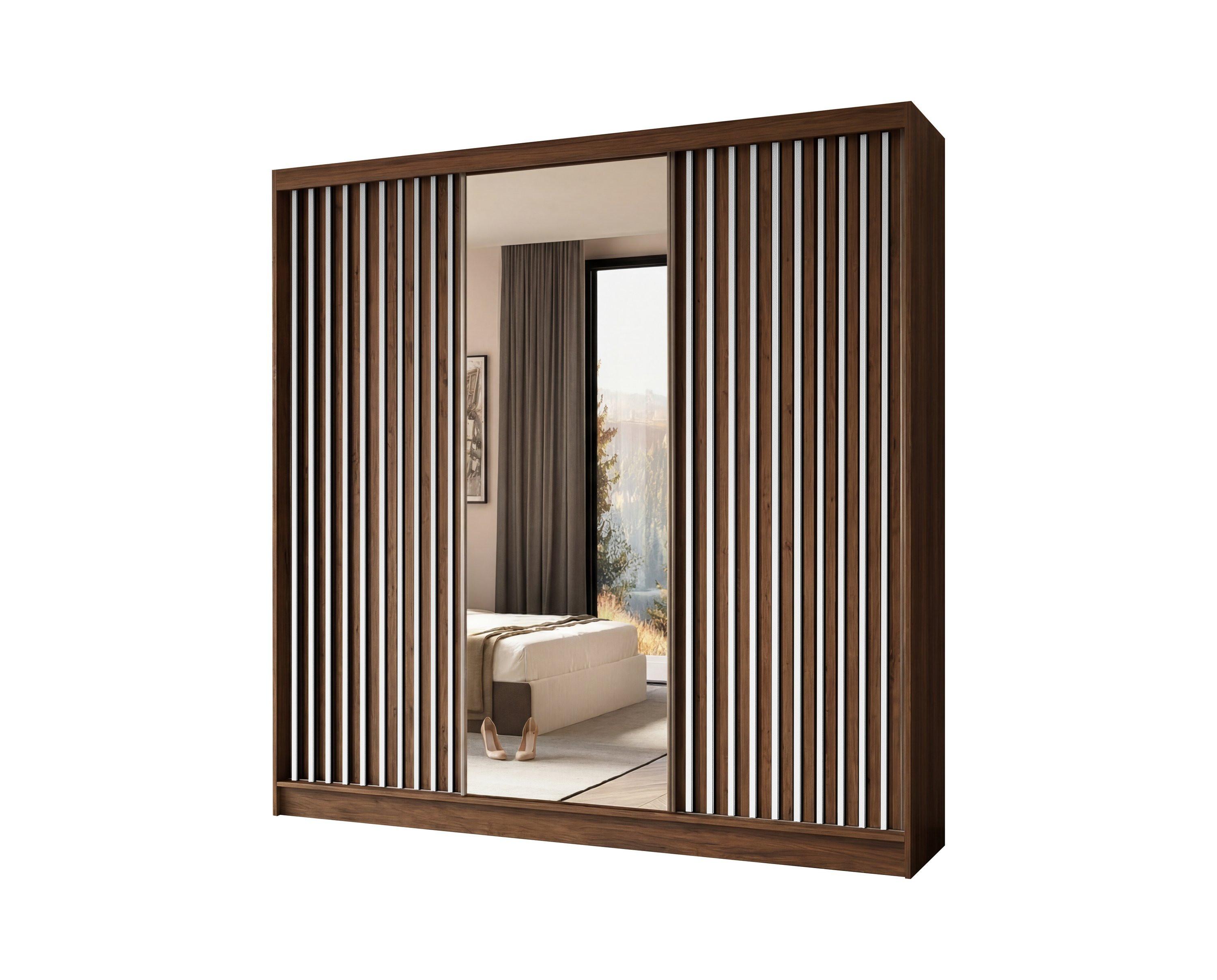 SCHWEBETÜRENSCHRANK LAMELLO 240/216/61 cm Modern Kleiderschrank 3-türig mit Spiegel Nussbaumfarben - Nussbaumfarben, Holzwerkstoff (240/216/61cm) - MASSENO
