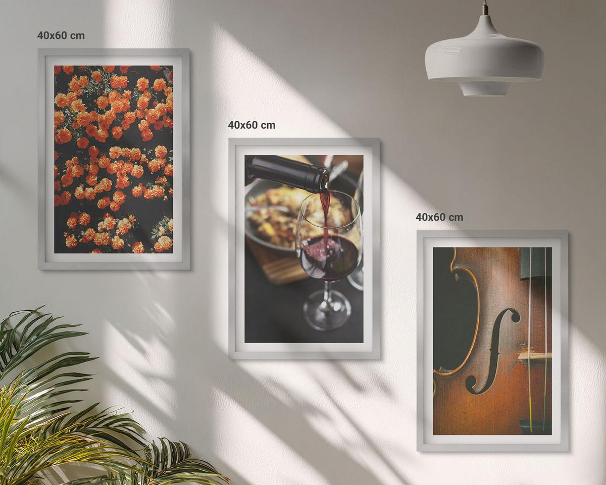 BILDER SET 3er Set - 40x60 cm Silberner Rahmen - Vintage Blumen Wein Geige - Silberfarben, Kunststoff (40/60cm) - TULUP