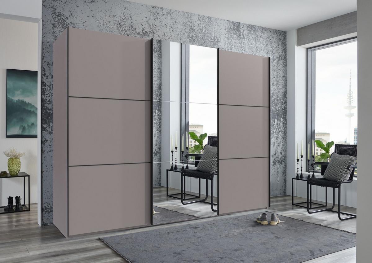 SCHWEBETÜRENSCHRANK 3-türig B300/H216/T65 cm in Sandgrau, eine Spiegeltür, Kleiderschrank inkl. Vollausstattung / 22020 - Sandfarben/Rot, Holzwerkstoff/Metall (300/216/65cm) - luma-home