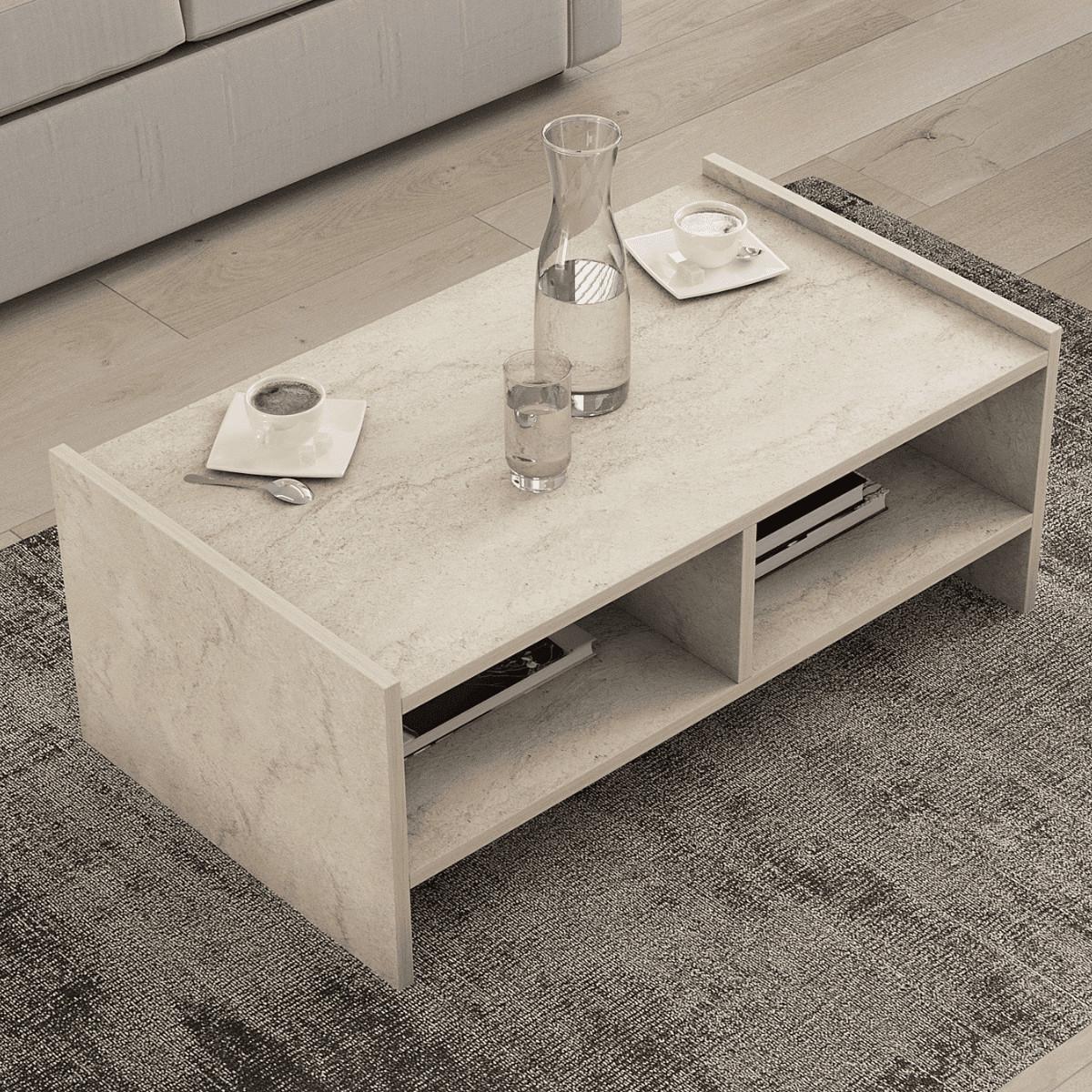 COUCHTISCH mit 2 offenen fächern, travertin-dekor - pera 90/50/35 cm - Beige, Holzwerkstoff (94/50/35cm) - Calicosy