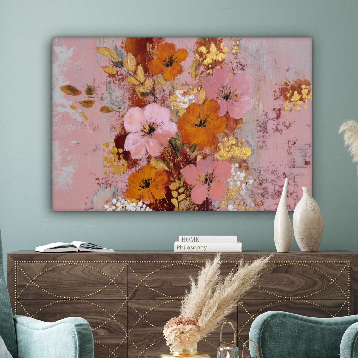 LEINWANDBILD Malerei - Blumen - Rustikal - Rosa Wohnzimmer Groß 120x80 cm - Altrosa, Textil (120/80cm) - MuchoWow