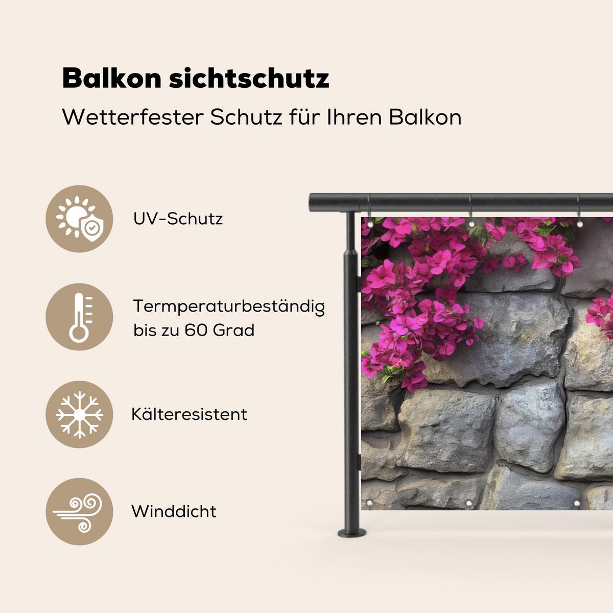 BALKON-SICHTSCHUTZ Bougainvillea - Steinmauer - Rosa Witterungsbeständig 200x90 cm - Magenta, Kunststoff (200/90cm) - MuchoWow