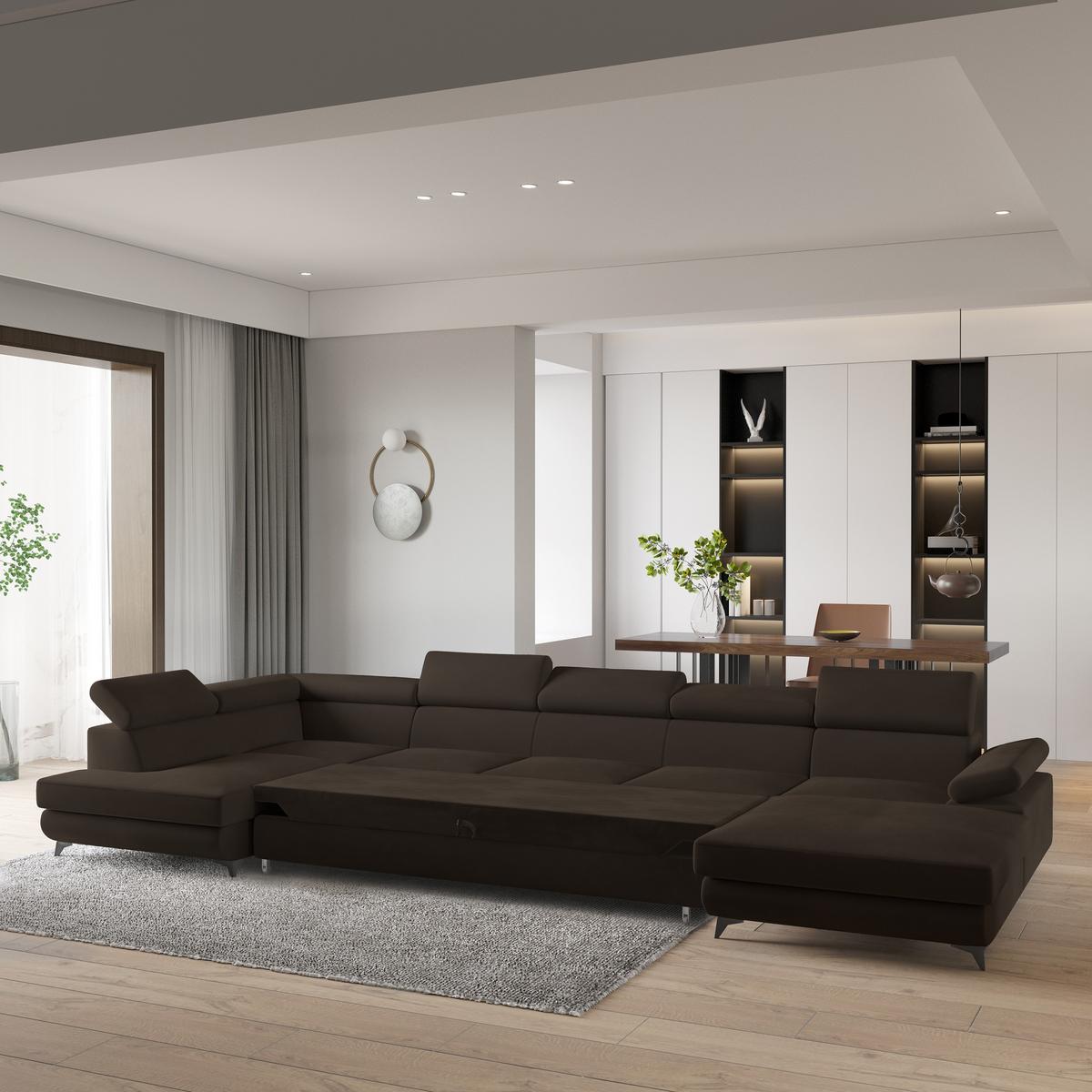 WOHNLANDSCHAFT MONTIVA Braun Velours-Stoff mit Schlaffunktion - Braun, Holz (410/89/190cm) - MASSENO