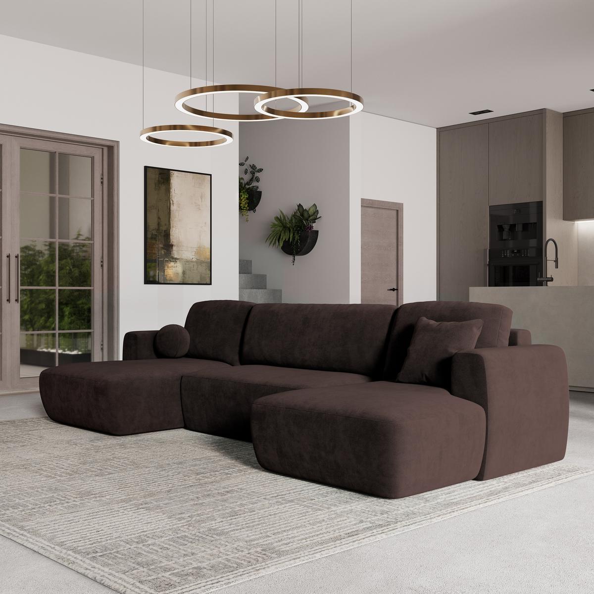 WOHNLANDSCHAFT SENTUM K Braun Plüsch-Stoff mit Schlaffunktion - Schwarz/Braun, Holz/Kunststoff (330/90/148cm) - MASSENO