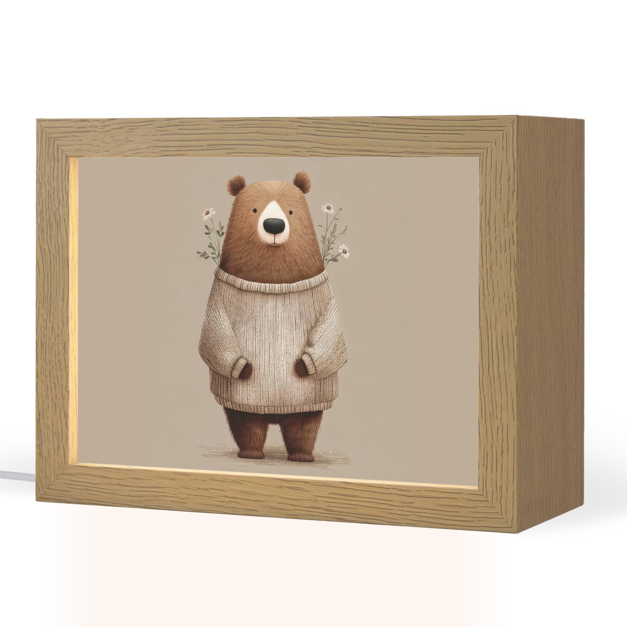 NACHTTISCHLAMPE Bär - Weiße Blumen - Gemütlich 20x15 cm - Taupe, Holzwerkstoff (8/20/15cm) - OnlyWow