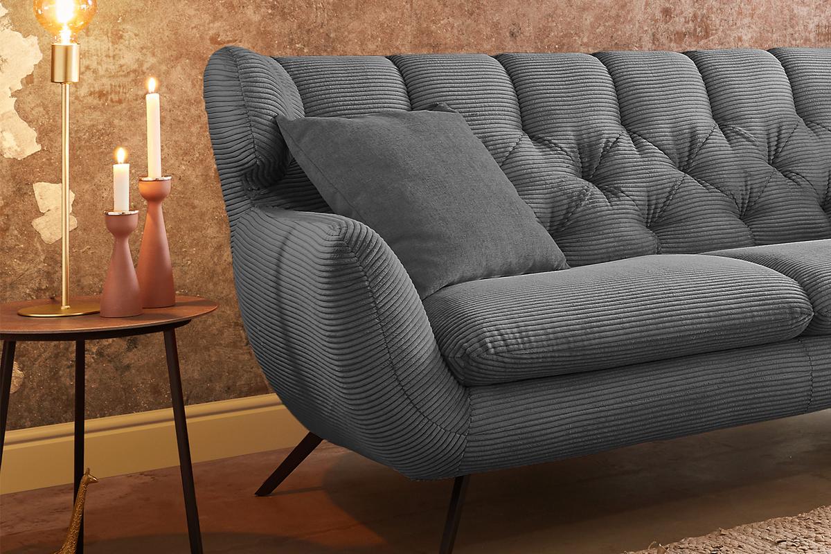 SOFA CHARME Grau Cord - Graphitfarben/Schwarz, Textil/Metall (200/94/95cm) - KAWOLA