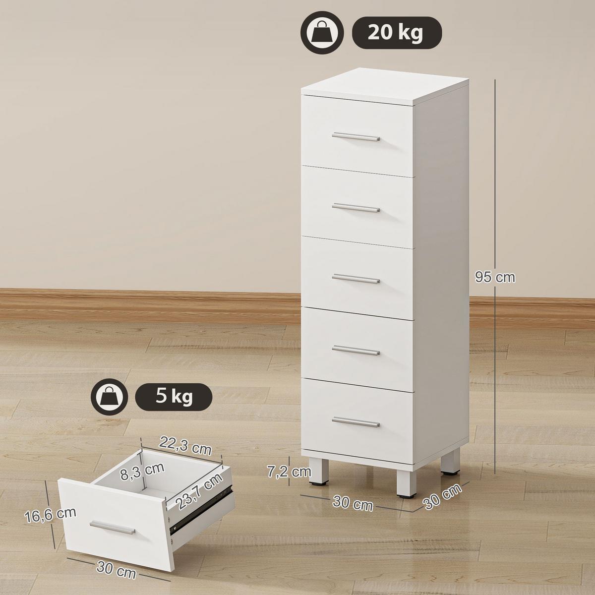 KOMMODE Spanplatte Weiß - Silberfarben/Weiß, Holzwerkstoff/Metall (30/95/30cm) - HOMCOM