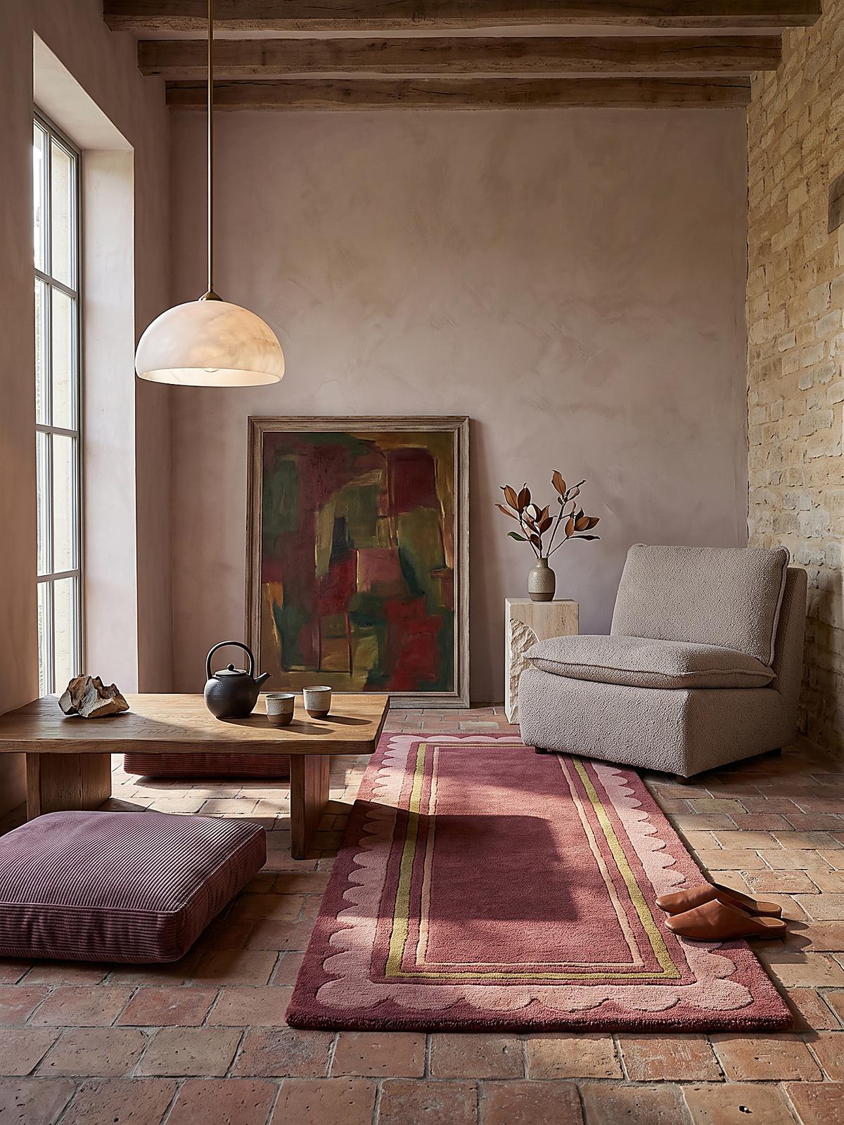 LÄUFER handgetuftet WENSUM, in Beerenrot, Scallop-Bordüre, 80 x 230 cm - Rot, Textil (80/230cm) - KADIMA DESIGN