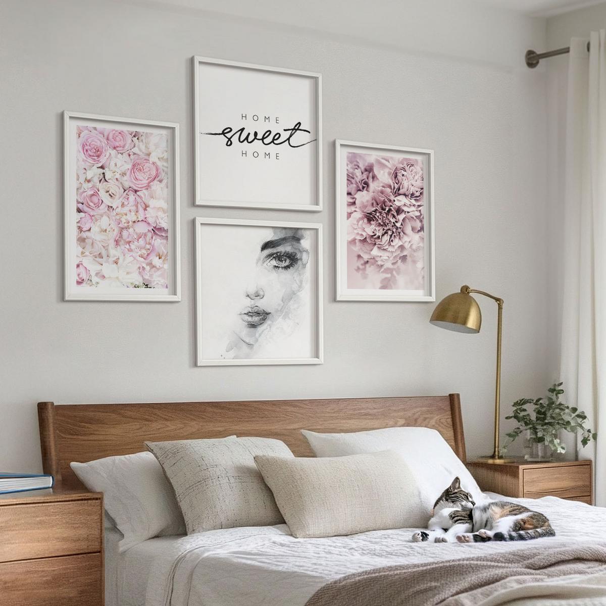 BILDER SET 4er Set - 50x50 cm & 40x60 cm Weißer Rahmen - Pfingstrosenporträt einer Frau zu Hause - Weiß, Kunststoff (50/50cm) - TULUP