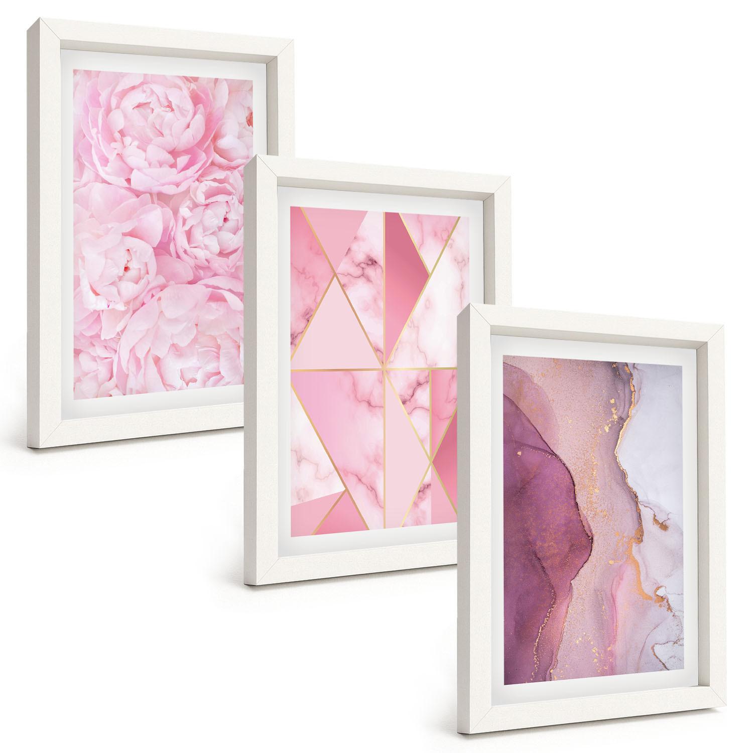 BILDER SET 3er Set - 20x30 cm Weißer Rahmen - Rosa geometrische Pfingstrosen - Weiß, Kunststoff (20/30cm) - TULUP