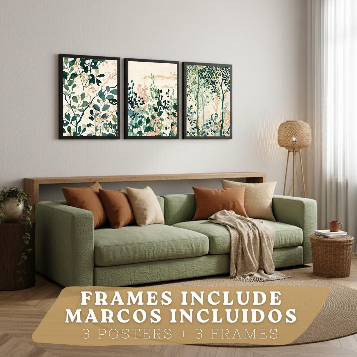 POSTER 3er-Set Wandbilder Floral Bäume modern Wohnzimmer Deko, Schlafzimmer, Küche, Badezimmer Schwarzer Rahmen A4 - Schwarz, Papier (29.7/1/21cm) - Nacnic