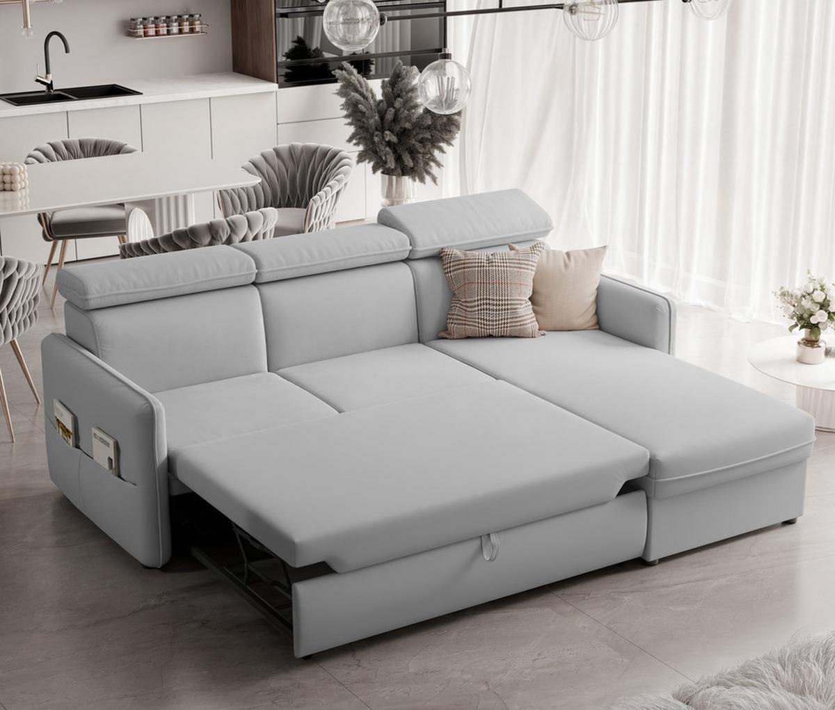 ECKSOFA BENI mit Schlaffunktion und Bettkasten, Stoff Hellgrau - Hellgrau, Kunststoff/Textil (220/160cm) - Idohome