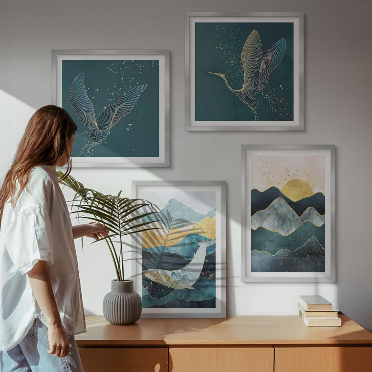 BILDER SET 4er Set - 50x50 cm & 40x60 cm Silberner Rahmen - Abstrakte Kranichberge - Silberfarben, Kunststoff (50/50cm) - TULUP