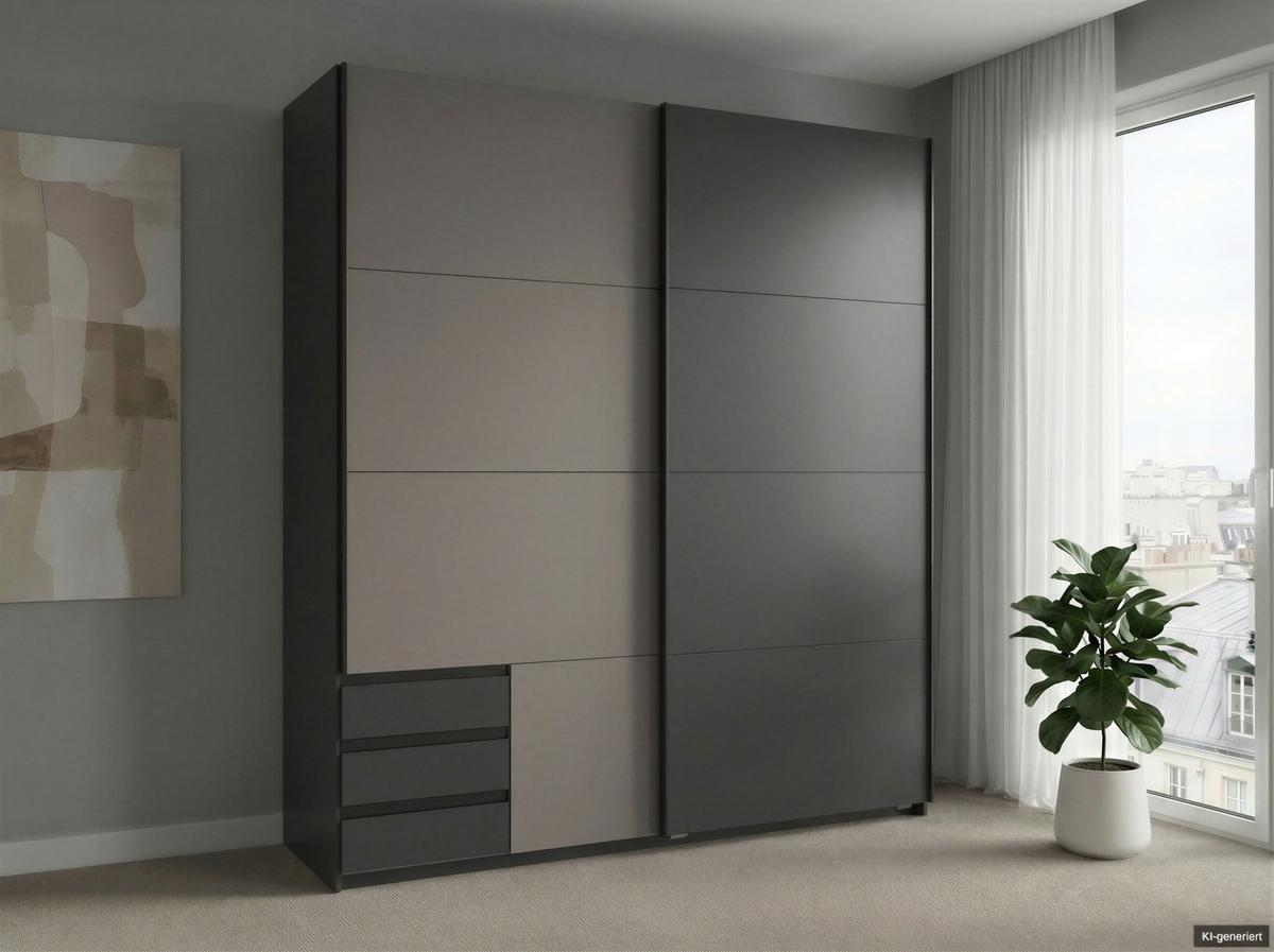 SCHWEBETÜRENSCHRANK 2-türig B179/H198/T65 cm, Kleiderschrank mit sichtbaren Schubkästen in Grafit, 1x Tür in Sandgrau / 22694 - Sandfarben/Graphitfarben, Holz/Holzwerkstoff (179/198/65cm) - luma-home