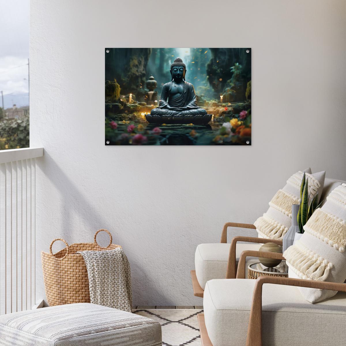 GARTENPOSTER Buddha - Statue - Buddha - Zen - Kunst - Buddha Gartendeko 90x60 cm - Dunkelgrau, Kunststoff (90/60/0.2cm) - OnlyWow