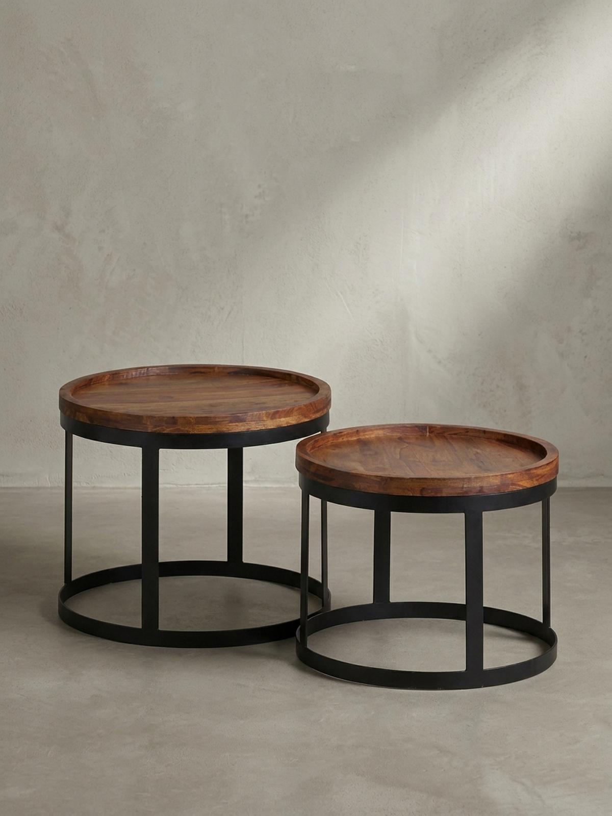 BEISTELLTISCH 2er Set Massivholz Metallgestell Rund Natur INDI, Braun 53x53x45 cm - Schwarz/Braun, Holz/Metall (53/53/45cm) - KADIMA DESIGN