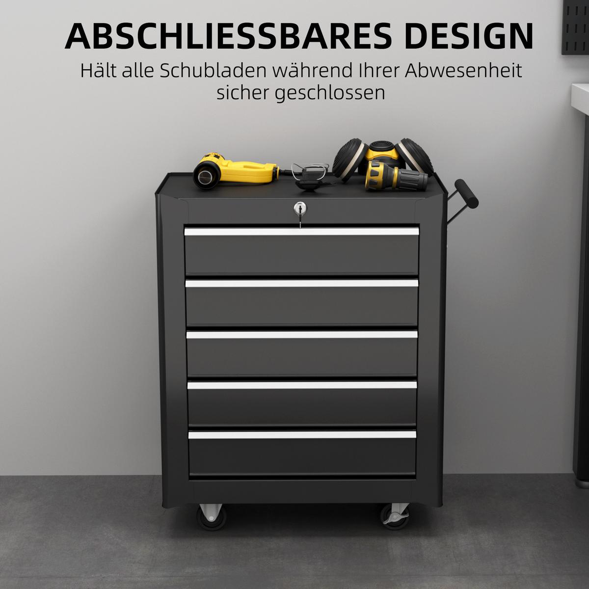 WERKSTATTWAGEN leer Werkzeugwagen abschließbar mit 5 Schubladen Schwarz - Schwarz, Metall (33/75/61.6cm) - HOMCOM